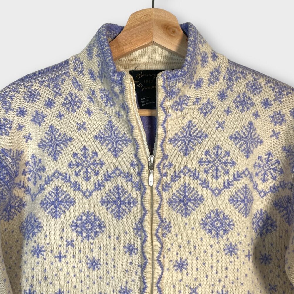 Obermeyer 100% Wool Cardigan Sweater M Full Zip Snowflake Cream - Picture 2 of 9